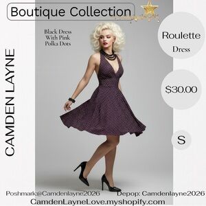 Roulette Black Midi Halter Dress with Pink Polka Dots